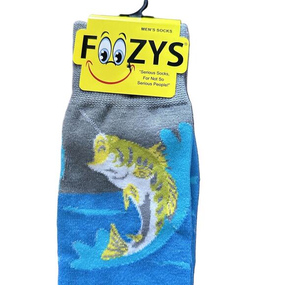 Foozys Blue Grey Crew Length Fish Fishing Pattern Novelty Socks Men's One Size - Picture 2 of 4